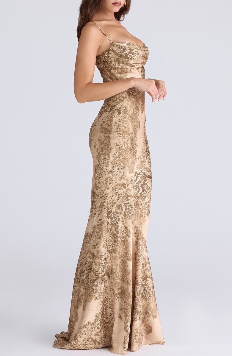 HOUSE OF CB Nalani Floral Satin Burnout Gown, Alternate, color, Gold