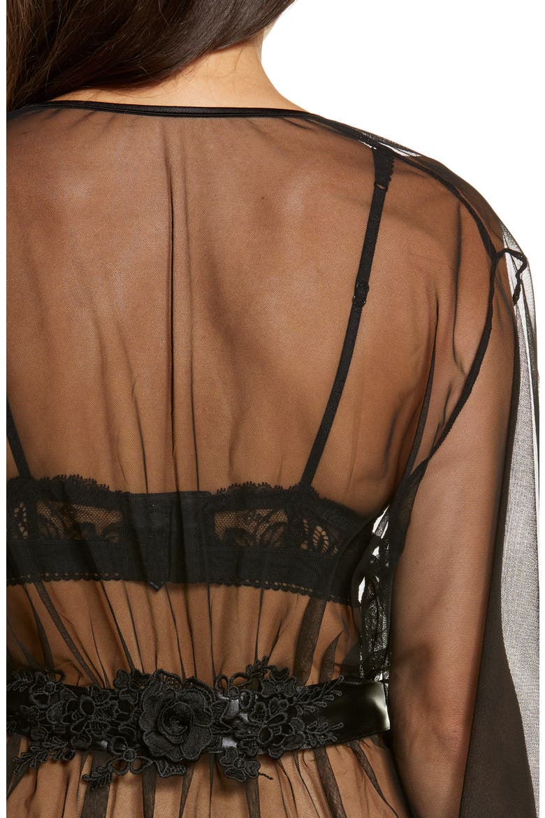Sydney Satin Bow Mesh Robe, Alternate, color, BLACK
