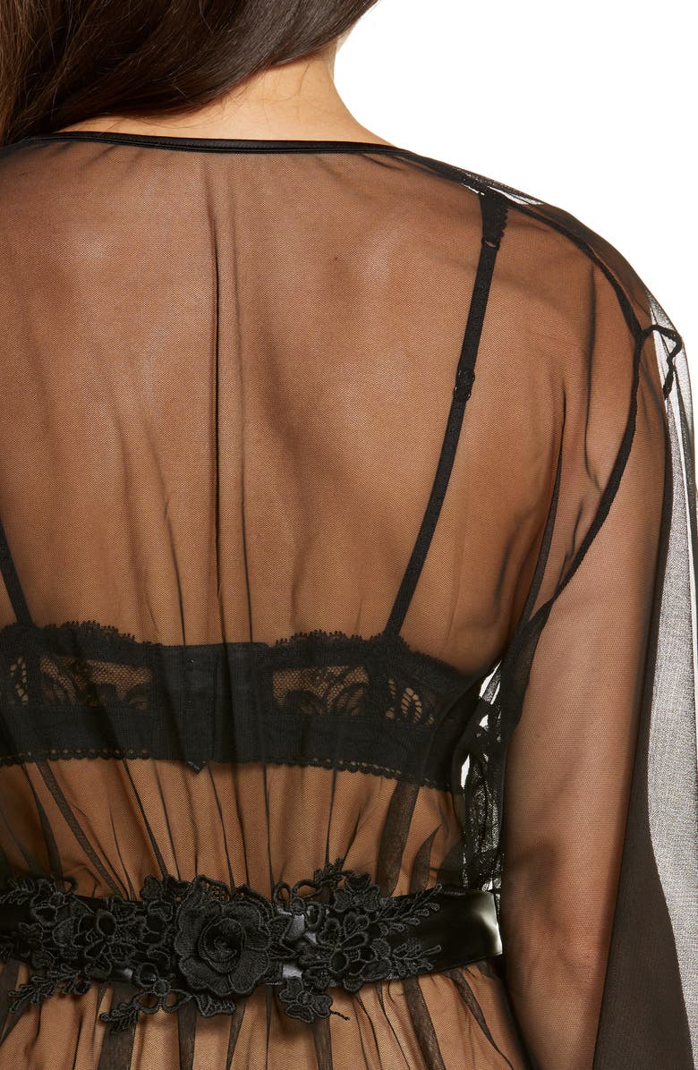 Oh La La Cheri Sydney Satin Bow Mesh Robe, Alternate, color, Black