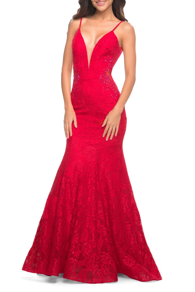 Long Mermaid Lace Dress with Back Rhinestone Detail, Alternate, color, Red
