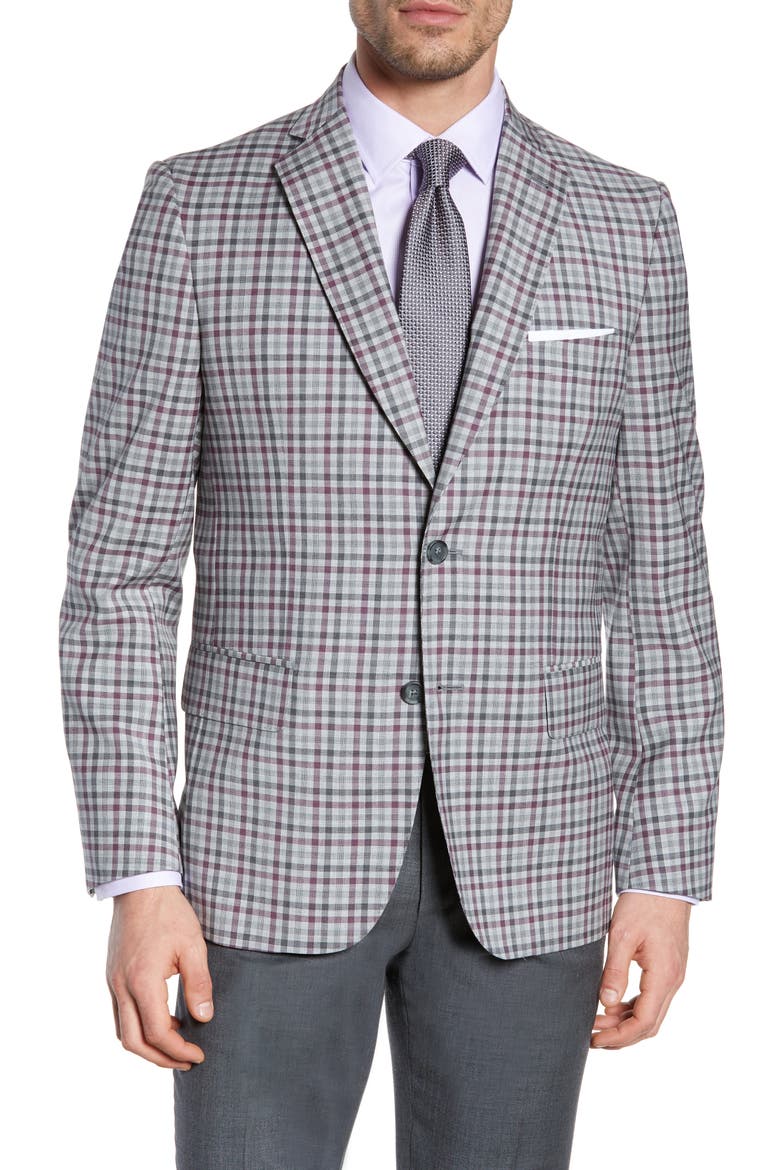 Traditional Fit Check Sport Coat, Main, color, GREY ALLOY BURGUNDY PLAID