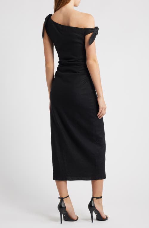 Wayf Clio Tie Shoulder Linen Blend Midi Dress In Black