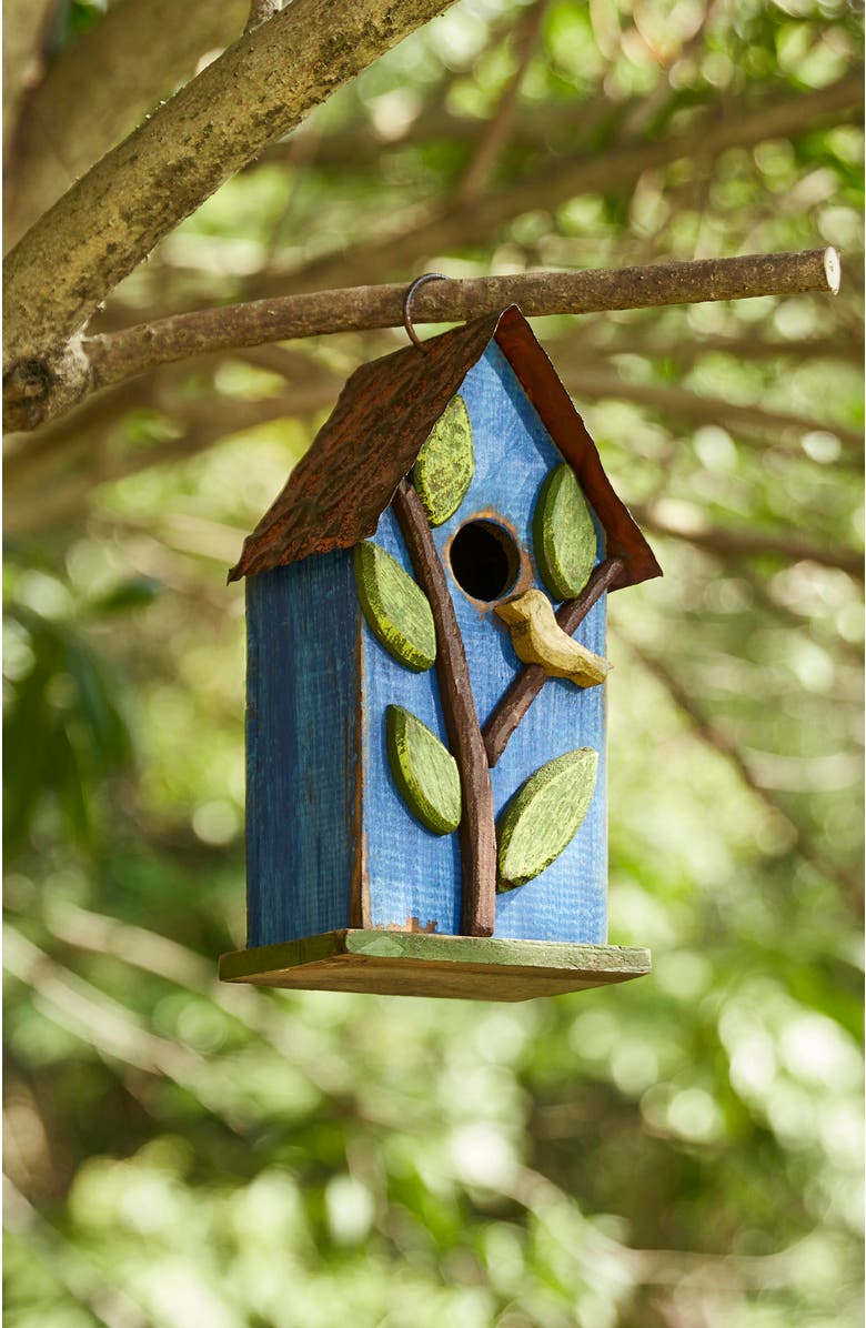 Glitzhome 10"H Multicolor Cute Distressed Solid Wood Birdhouse with 3D Flowers, Alternate, color, Blue