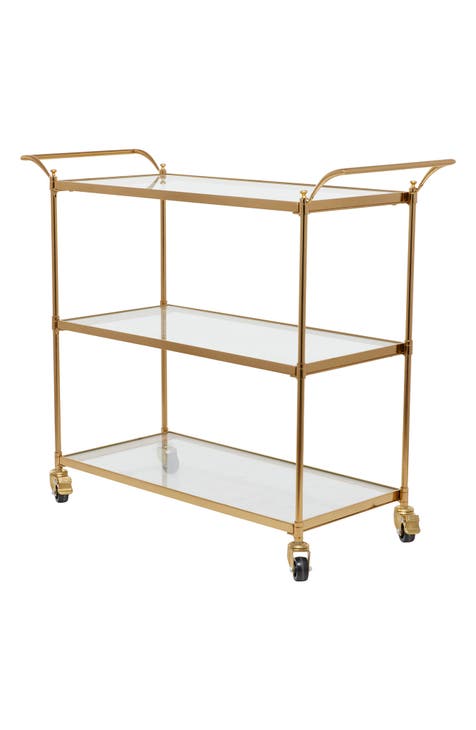 Brass Metal Traditional Bar Cart with Lockable Wheels