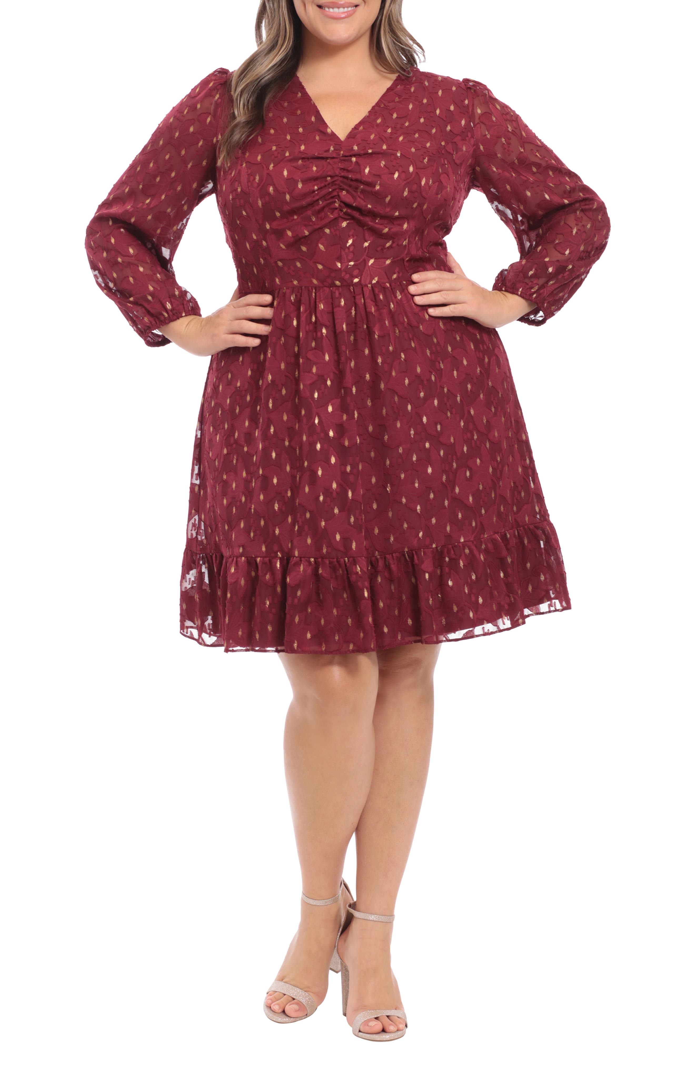 London Times Metallic Dot Long Sleeve Dress
