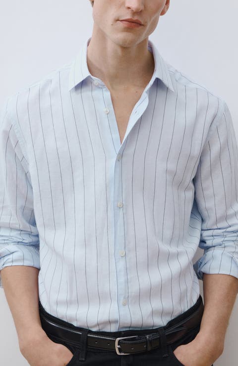 Regular Fit Stripe Linen & Cotton Button-Up Shirt