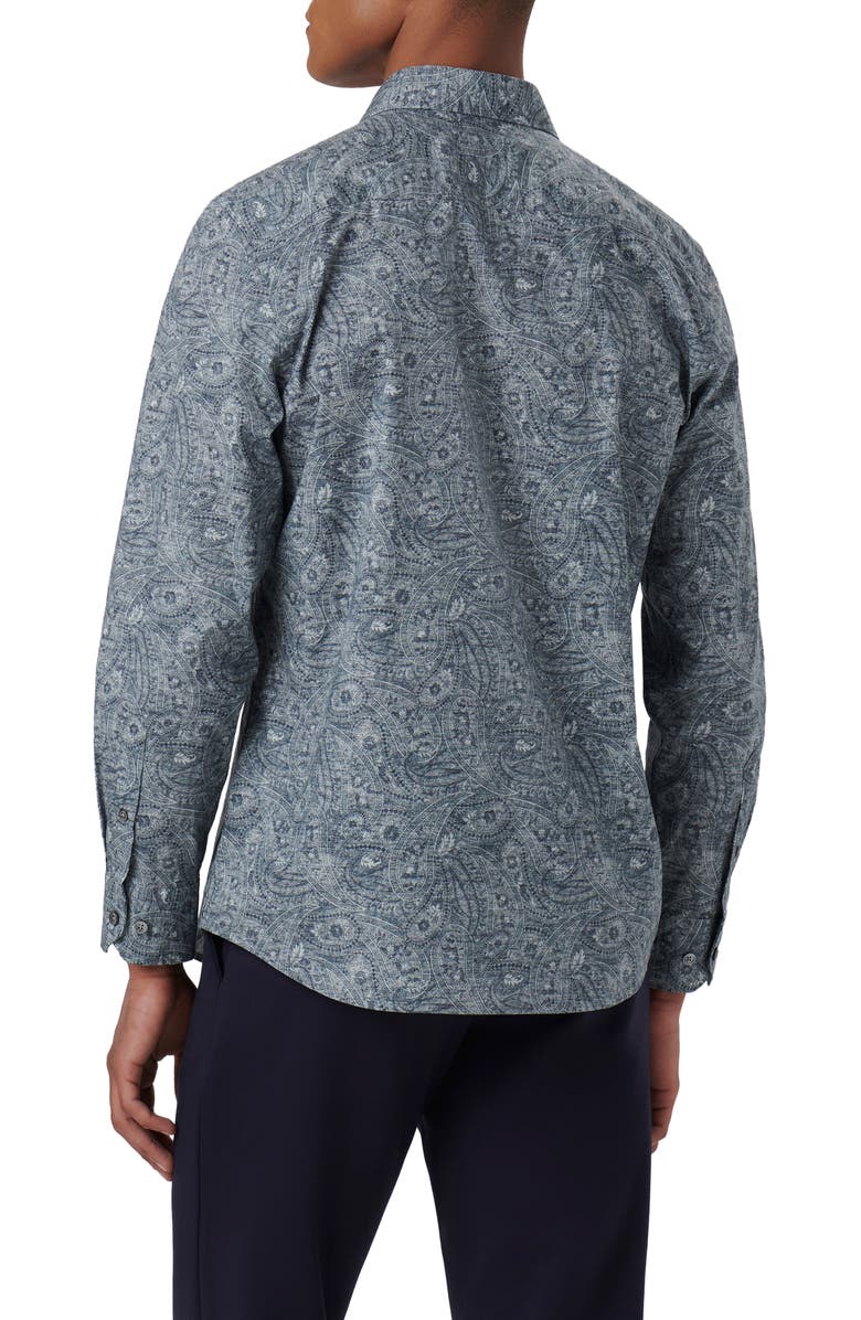 Bugatchi Axel Paisley Print Stretch Cotton Button-Up Shirt, Alternate, color, Cement