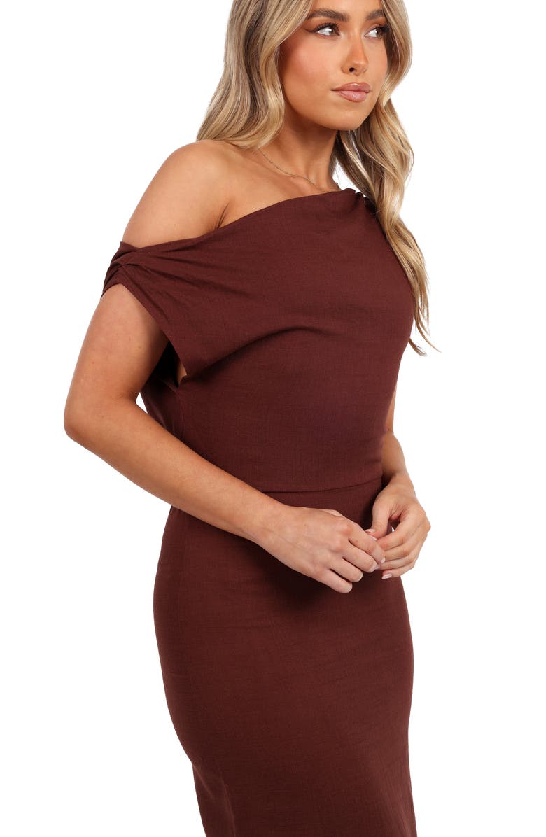 Petal & Pup Kassie Off the Shoulder Maxi Dress, Alternate, color, Chocolate Brown