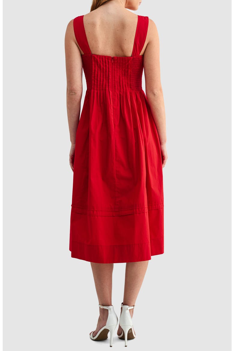 Pleat Bodice Cotton Midi Dress, Alternate, color, RED