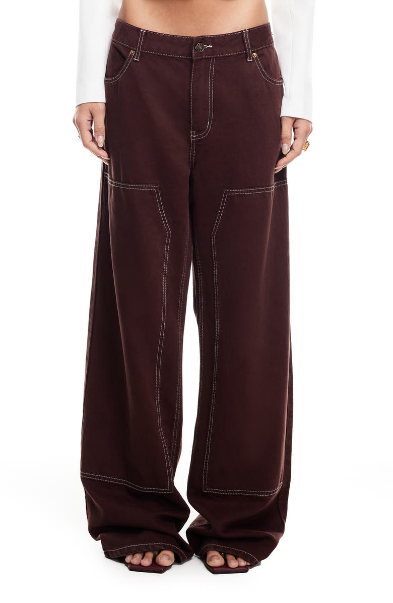 LIONESS Anchor Contrast Stitch Wide Leg Jeans, Main, color, Chocolate