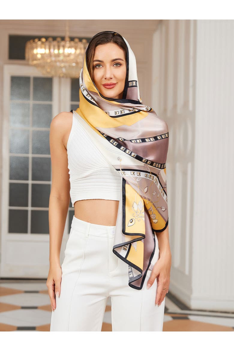 Mulberry Silk Printed Rectangular Long Shawl Scarf, Alternate, color, Yellow