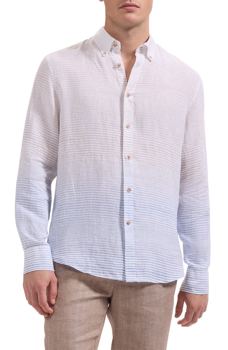 Bugatchi Austin Shaped Fit Gradient Stripe Linen Button-Down Shirt, Main, color, Air Blue
