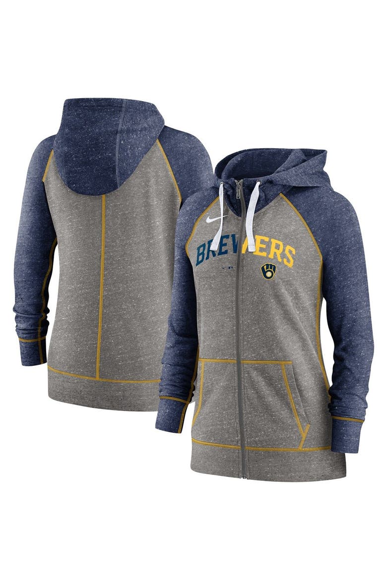 Women's Nike Heathered Charcoal/Heathered Navy Milwaukee Brewers Split Wordmark Gym Vintage Raglan Slub Full-Zip Hoodie, Main, color, Heather Charcoal
