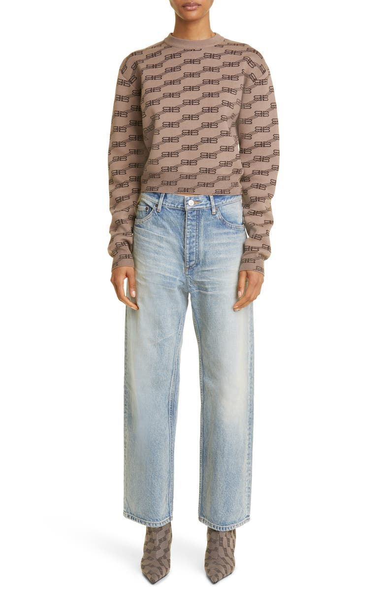 Balenciaga BB Monogram License Logo Jacquard Cotton & Wool Blend Sweater, Alternate, color,