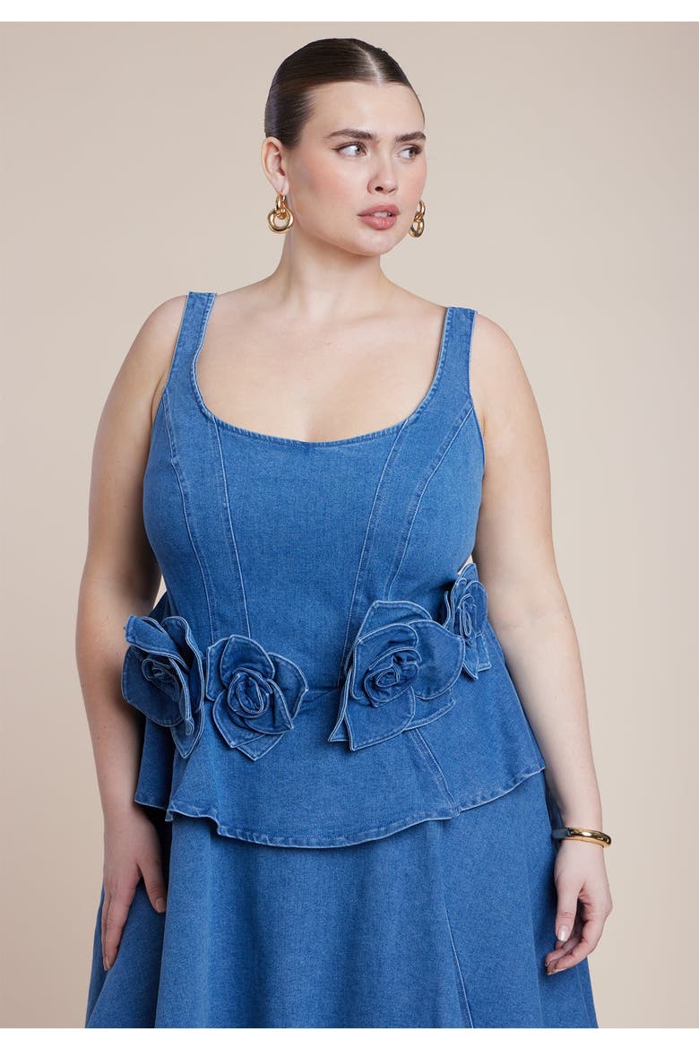 Denim Flower Applique Mini Dress, Alternate, color, MEDIUM WASH