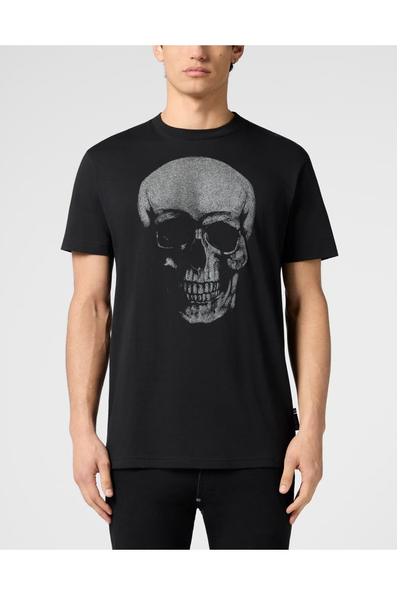 Round Neck T-Shirt Glitter Skull Men, Main, color, black