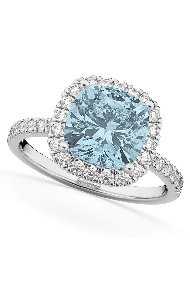 Cushion Cut Halo Aquamarine & Diamond Engagement Ring 14k White Gold, Main, color, 3.11ct/White Gold