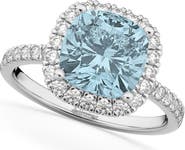 ALLUREZ Cushion Cut Halo Aquamarine & Diamond Engagement Ring 14k White Gold