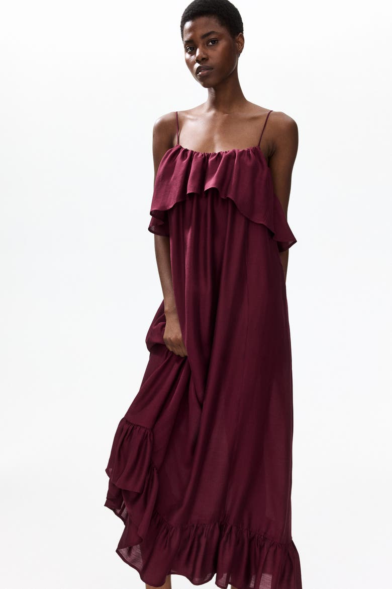 Frill-trimmed A-line Dress, Alternate, color, Burgundy
