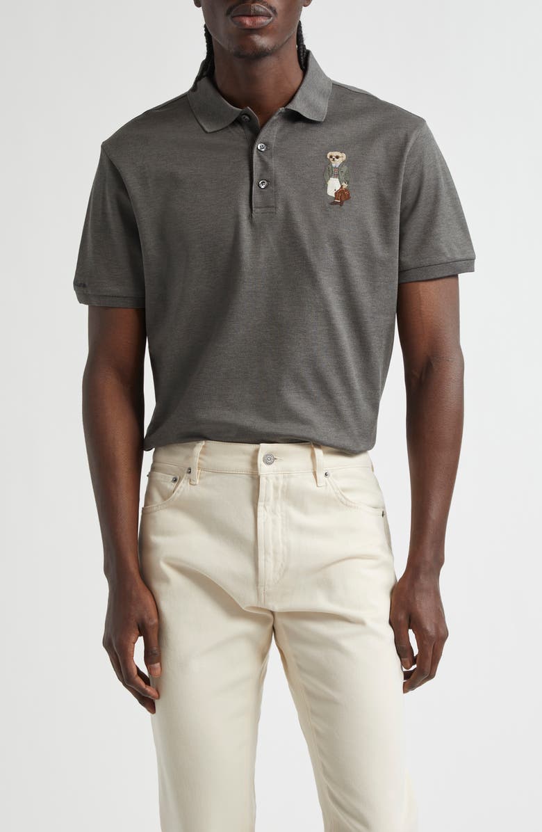 Ralph Lauren Purple Label Polo Bear Patch Cotton Piqué Knit Polo, Main, color, Med Grey Melange