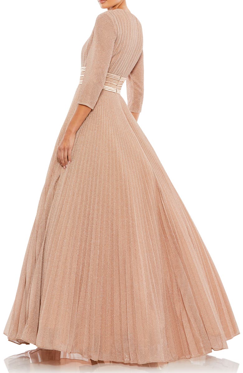 Mac Duggal Shimmering Pleated A-Line 3/4 Sleeve Gown, Alternate, color, Rose Gold