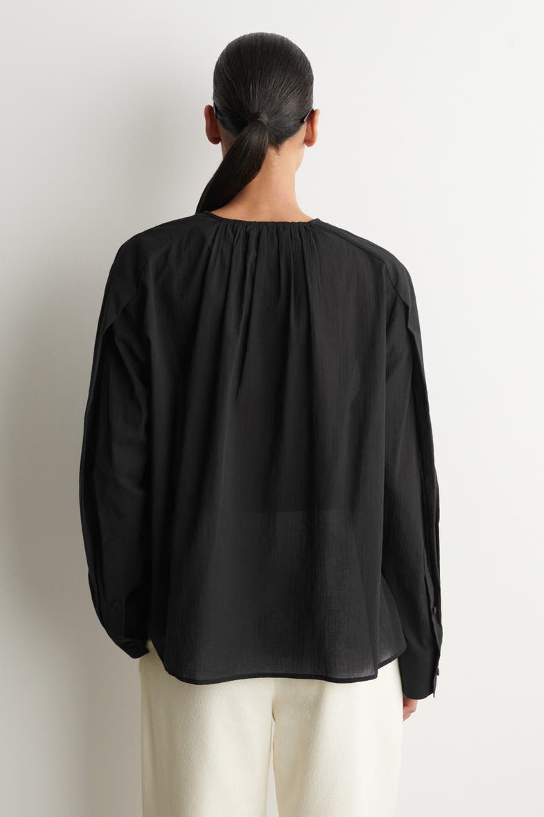 Gathered Lightweight Cotton V-neck Shirt, Alternate, color, BLACK