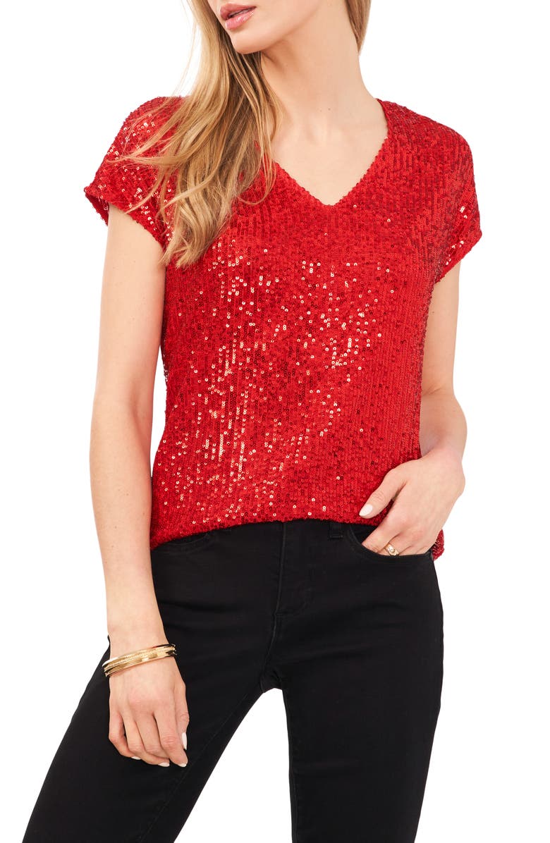 Vince Camuto Sequin Cap Sleeve Top, Main, color, Ultra Red