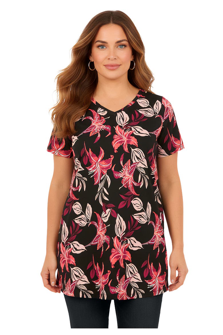 Plus Size Ultimate Cotton V Neck Short Sleeve Tunic, Main, color, BLACK TIGER LILY