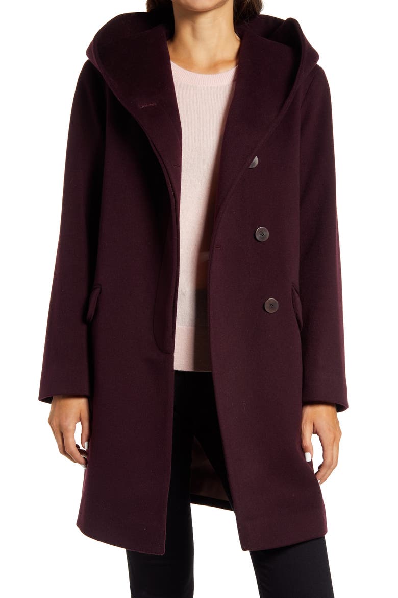 Fleurette Hooded Wool Coat, Main, color, BRINJAL