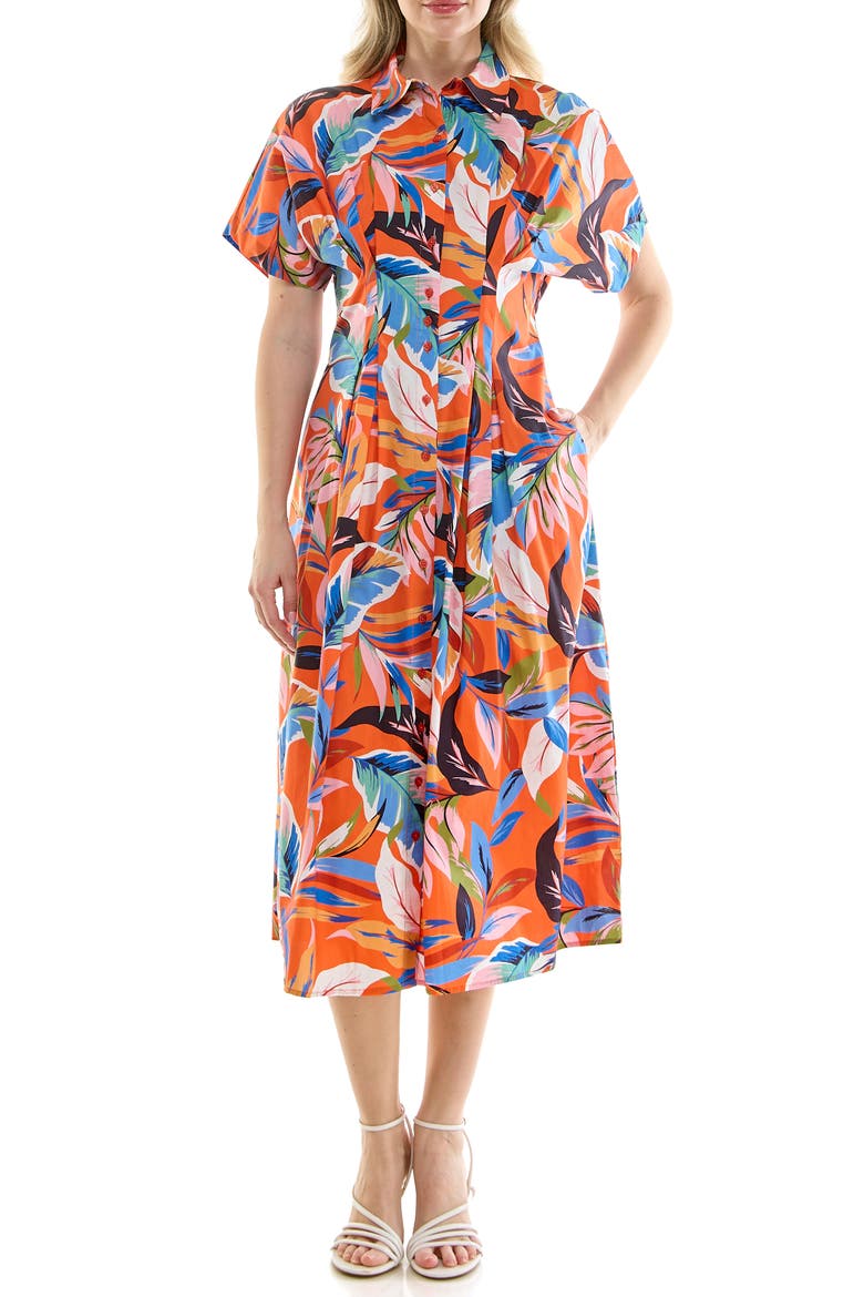 Pintuck Waist Midi Shirtdress, Main, color, ORANGE PRINT