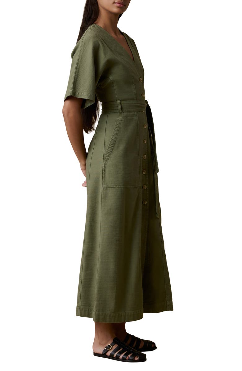 Faherty Camille Button Front Organic Stretch Cotton Midi Dress, Alternate, color, Moss