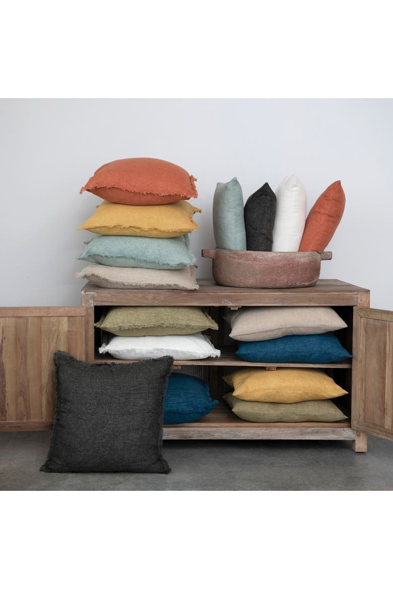 Square Stonewashed Linen Pillow with Fringe, Mint, Alternate, color, Blue