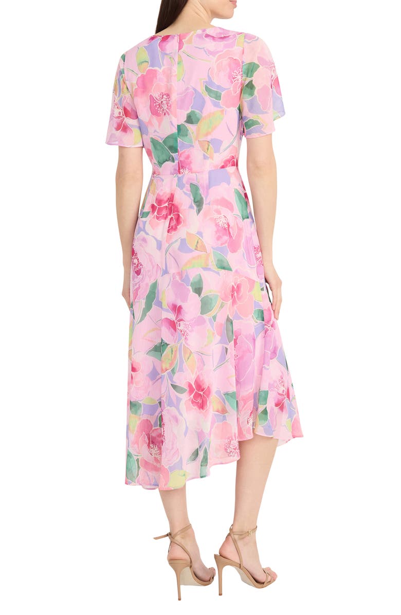 Maggy London Floral Asymmetric Hem Midi Dress, Alternate, color, Lavendar/ Pink