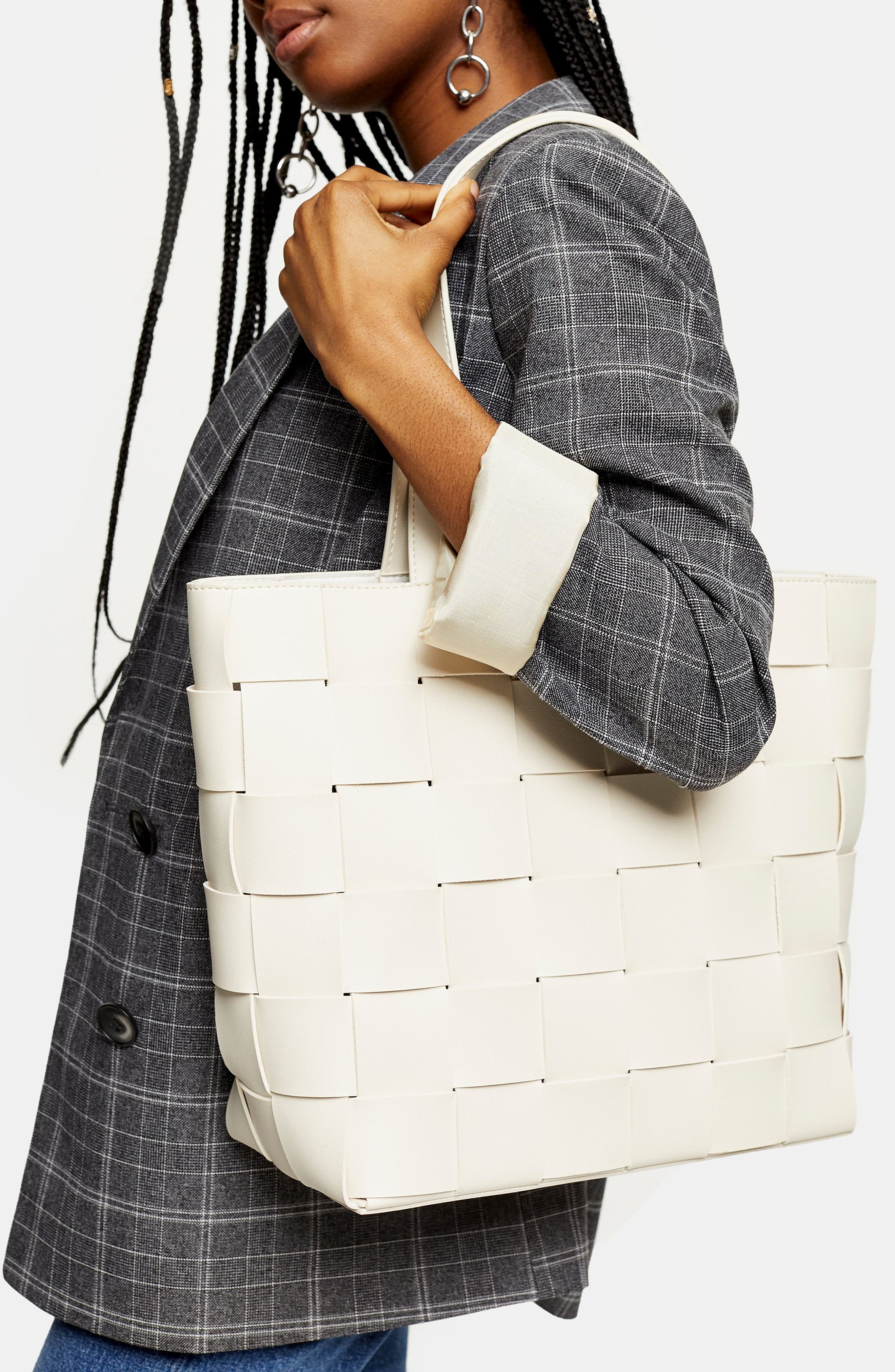 Basket Weave Faux Leather Tote, Alternate, color, STONE