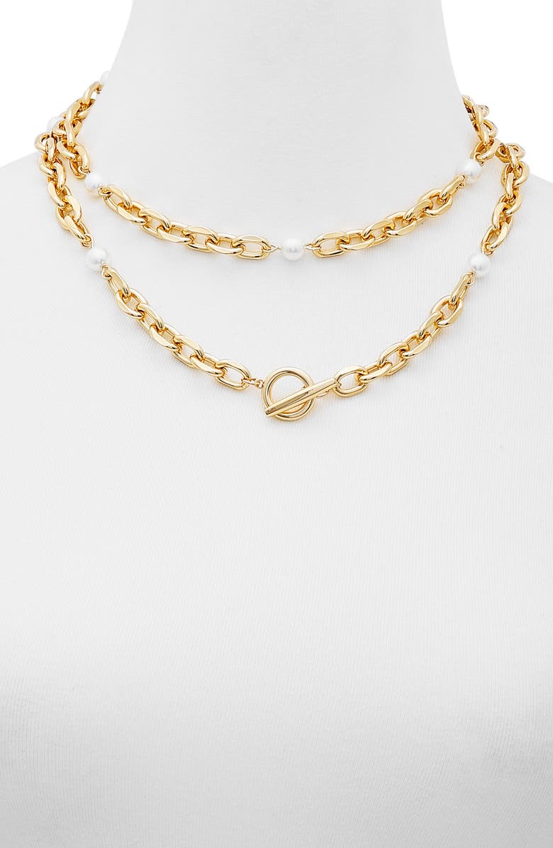 Vince Camuto Faux Pearl Station Toggle Necklace, Alternate, color, Gold Tone