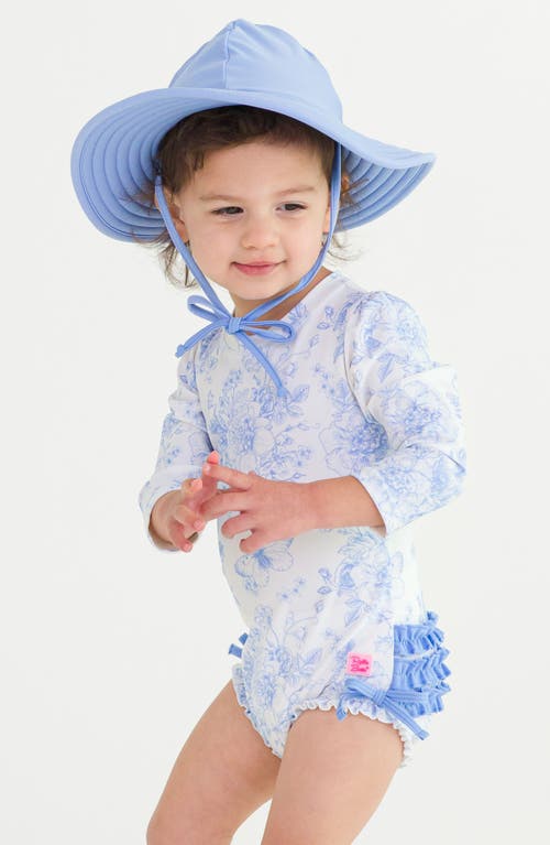 Rufflebutts Butterfly Garden Long Sleeve One-piece Rashguard Swimsuit & Hat Set In Blue