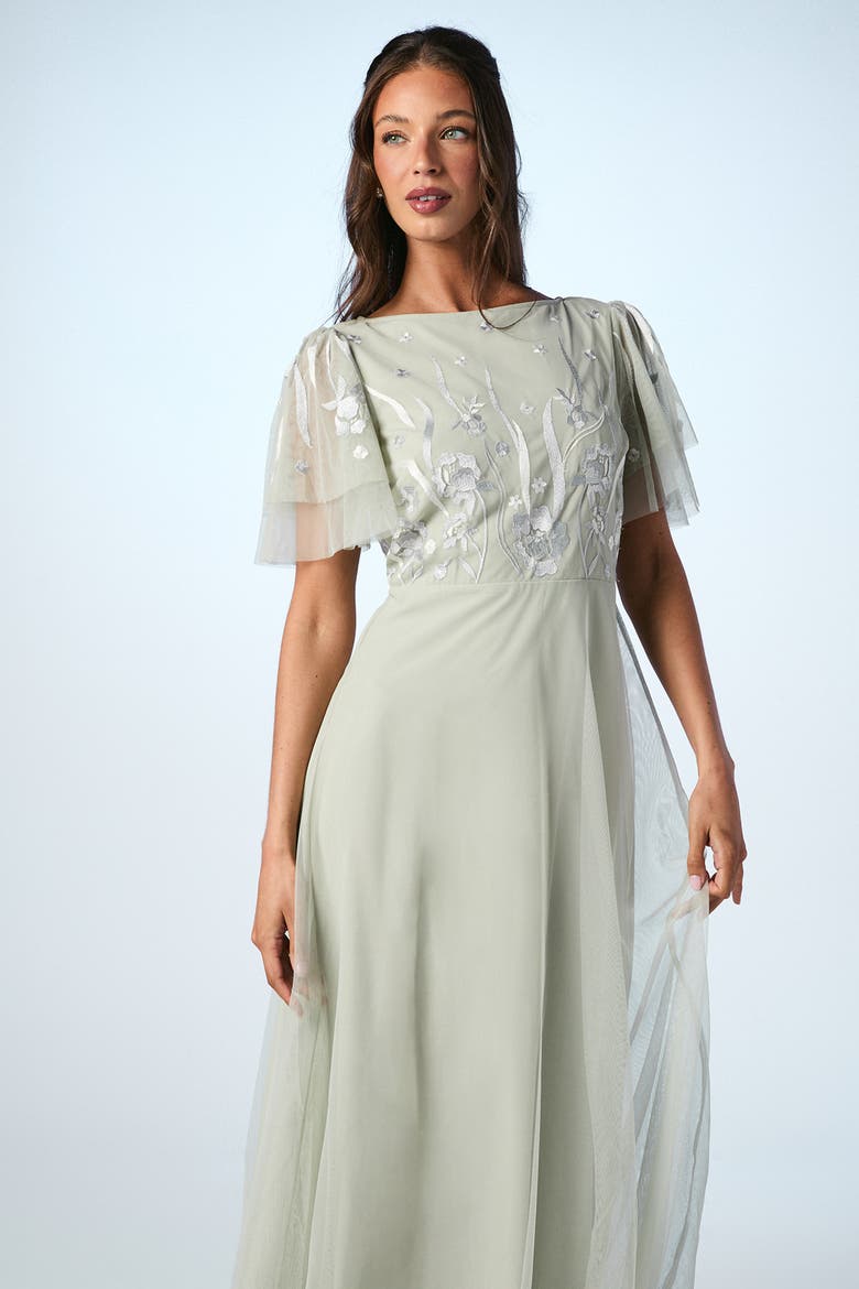 Angel Sleeve Maxi Bridesmaids Dress, Alternate, color, Sage