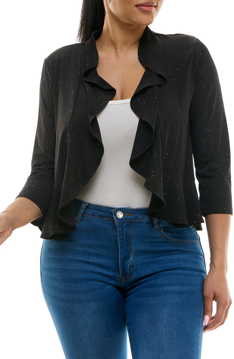 Nina Leonard Ruffle Trim Open Front Bolero, Main, color, Black Multi