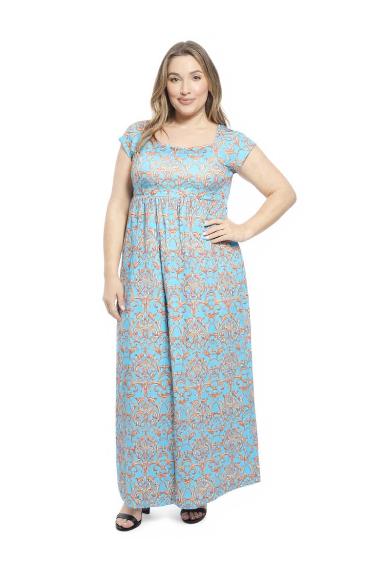 Plus Size Abstract Square Neck Cap Sleeve Pleated A-Line Maxi Dress, Main, color, Blue Multi