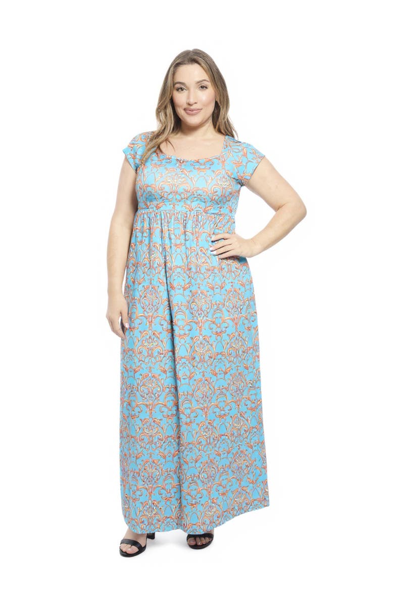 24seven Comfort Apparel Plus Size Abstract Square Neck Cap Sleeve Pleated A-Line Maxi Dress, Main, color, Blue Multi