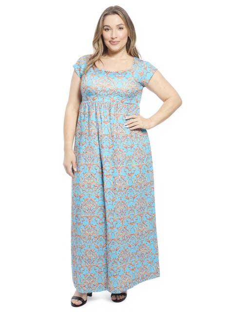 Plus Size Abstract Square Neck Cap Sleeve Pleated A-Line Maxi Dress