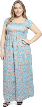 24seven Comfort Apparel Plus Size Abstract Square Neck Cap Sleeve Pleated A-Line Maxi Dress