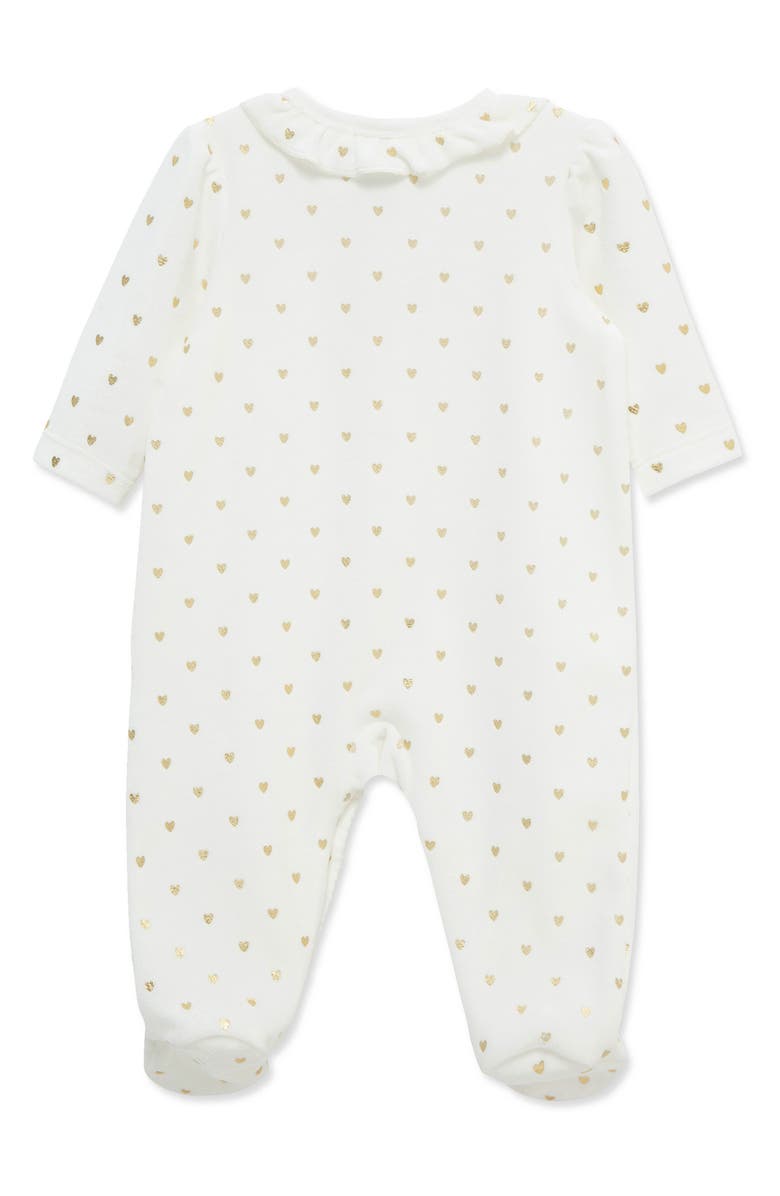 Little Me Gold Hearts Bow Velour Footie, Alternate, color, Ivory