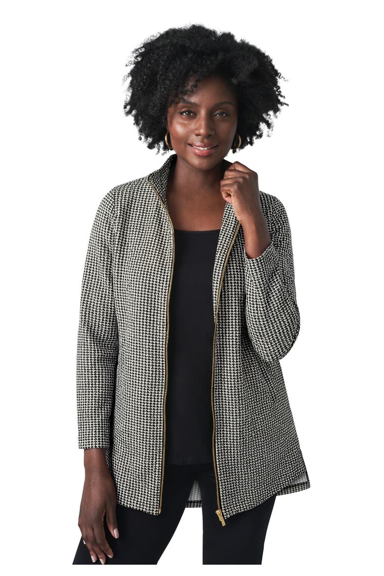 Stretch Cotton Zip Front Hi-Low Jacket, Main, color, BLACK MINI HOUNDSTOOTH