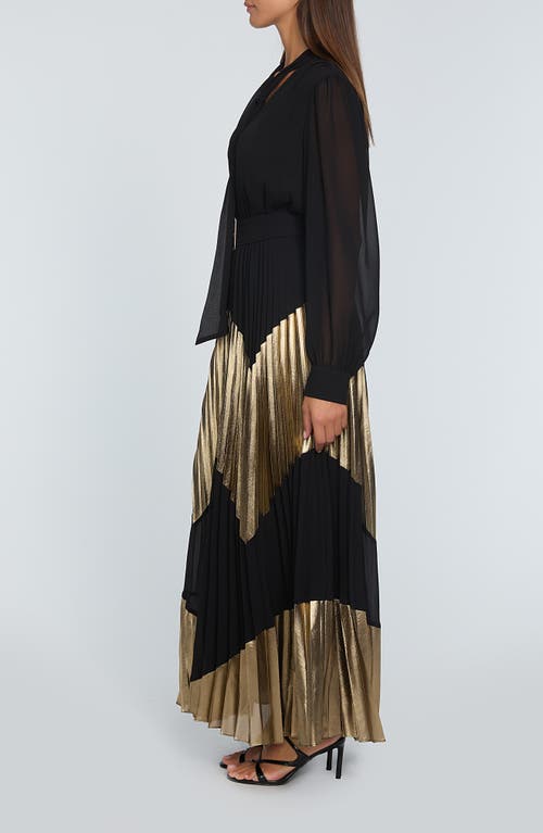 Elie Tahari The Carrie Gilded Pleated Long Sleeve Maxi Dress In Noir And Gold