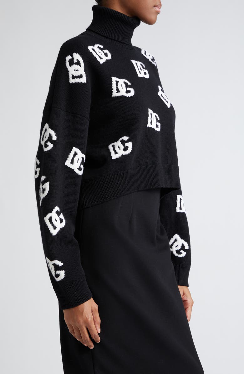 Dolce&Gabbana Logo Intarsia Crop Virgin Wool Turtleneck Sweater, Alternate, color, Nero/ Bianco