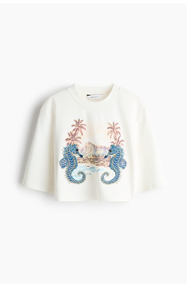 H&M Cropped Embellished T-shirt, Main, color, White/Seahorses