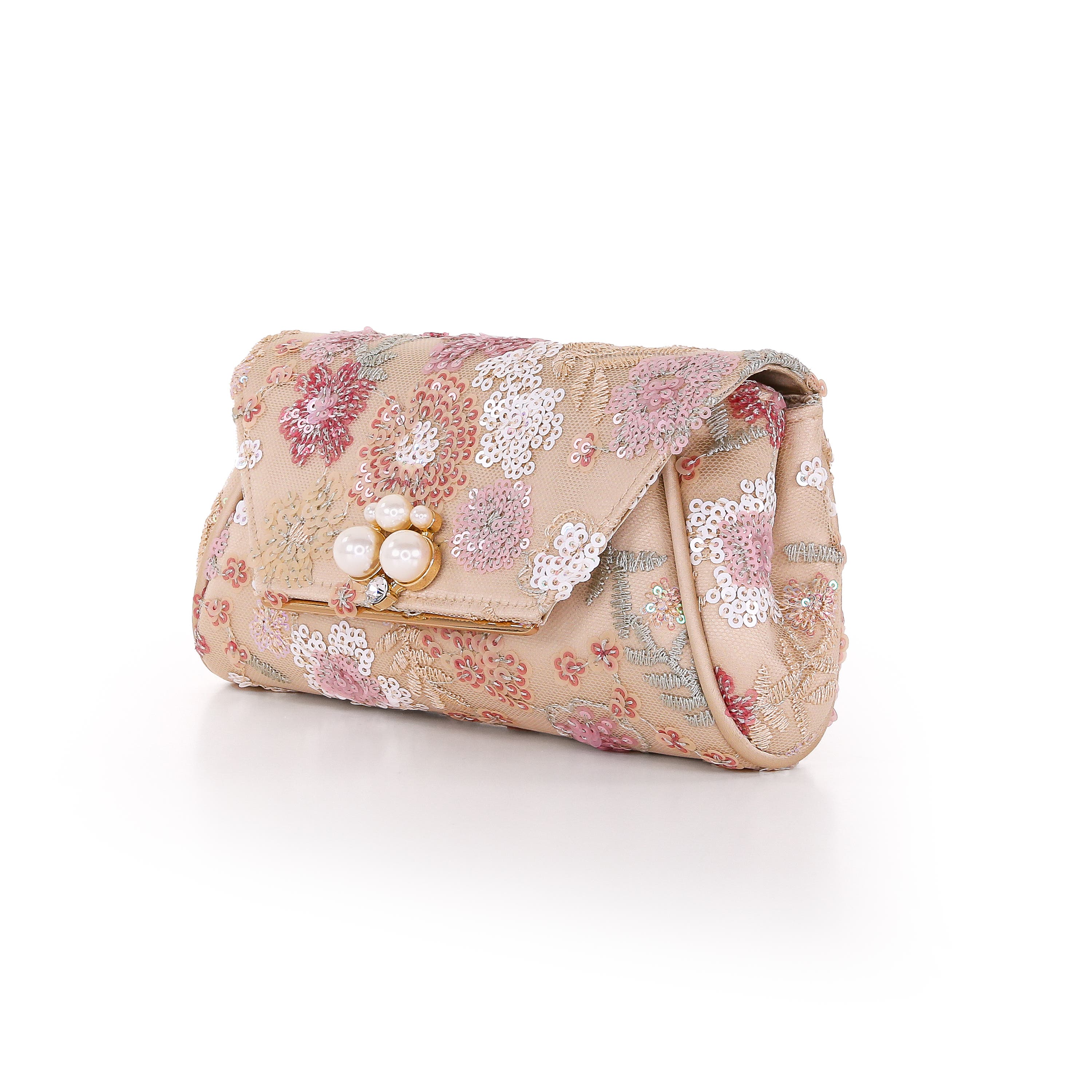 Ophelia Floral Sequin with Pearl Brooch Clutch, Alternate, color, Champagne