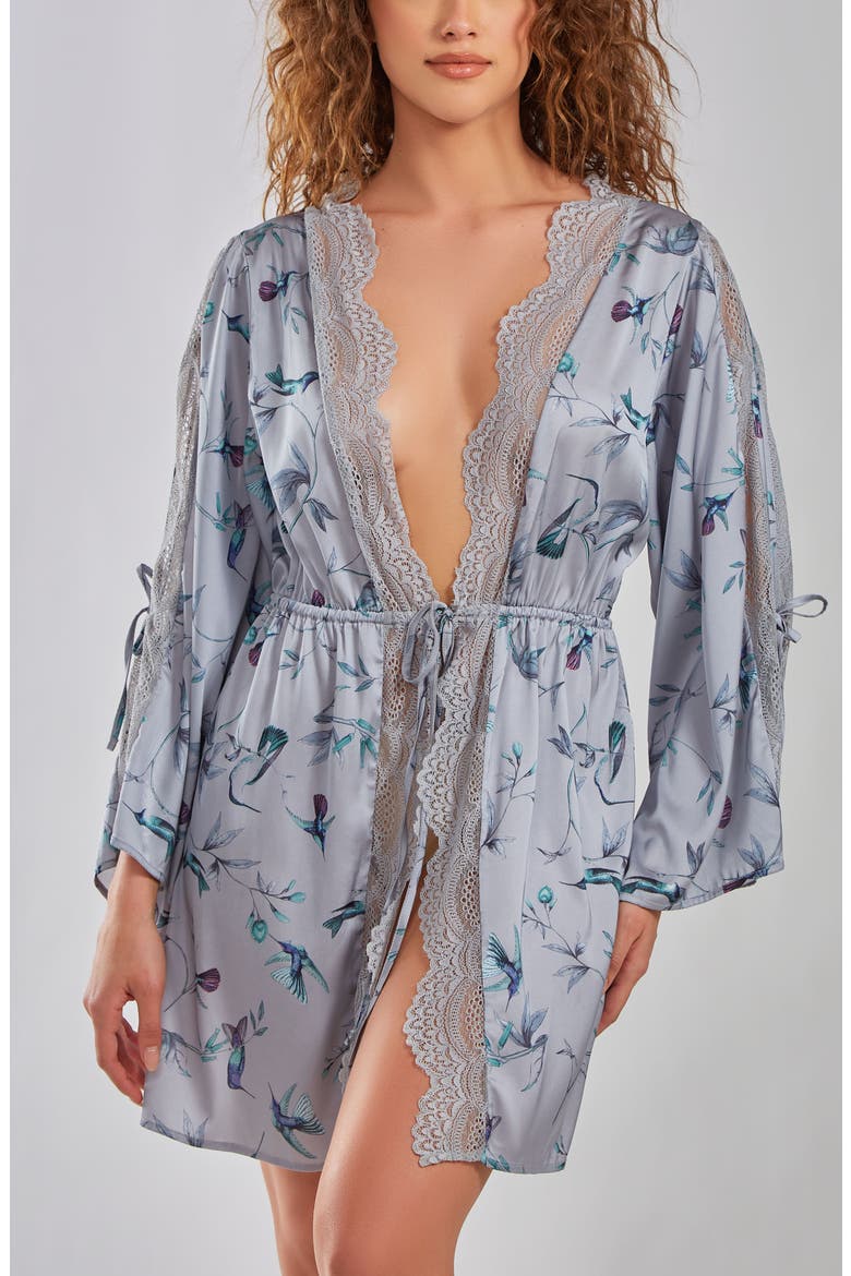 Hummingbird Print Cold Shoulder Lace Trim Satin Robe, Main, color, GRAY