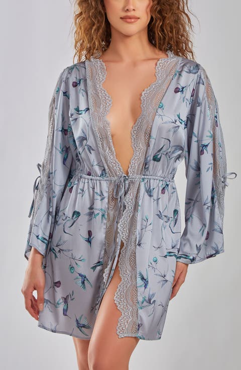 Hummingbird Print Cold Shoulder Lace Trim Satin Robe